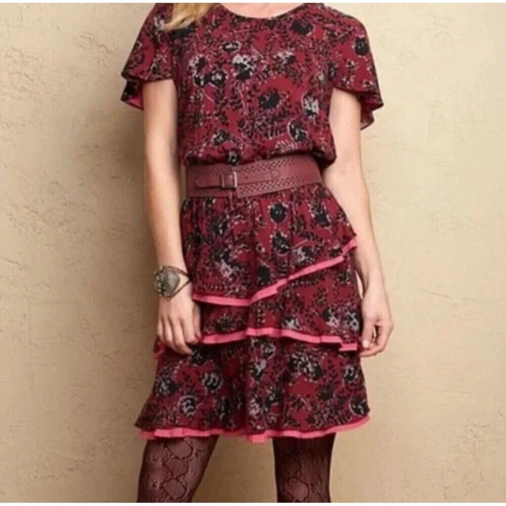Matilda Jane Helena Flapper Ruffle Dress Burgundy Short Sleeve Small Mini